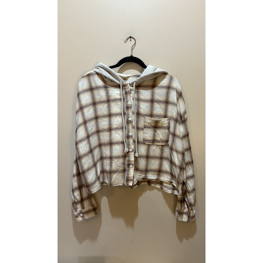 Aeropostale Long Sleeve Cropped Hooded Plaid Flannel Shirt‎ Medium XL